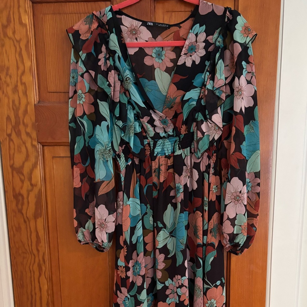 Zara Black Floral Maxi Dress with Long Sleeves